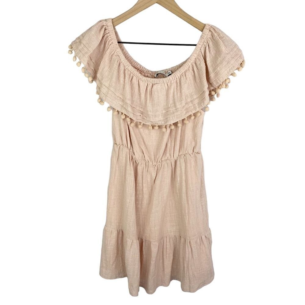 Lush Off Shoulder Pom Pom Layered Mini Dress Small Pink Boho Coastal Cowgirl